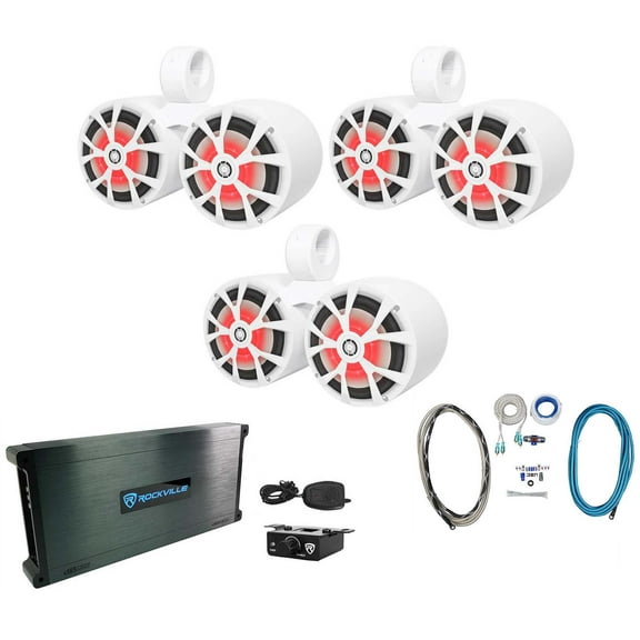 (3) Rockville RKL80MW 8" Marine Boat Dual Wakeboard Tower LED Speakers Amplifier