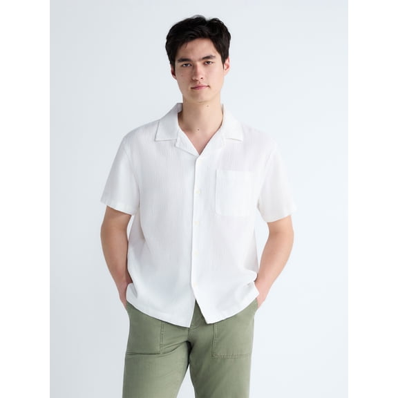 Free Assembly Men's Textured Cotton Camp Shirt with Short Sleeves, Sizes S-3XL