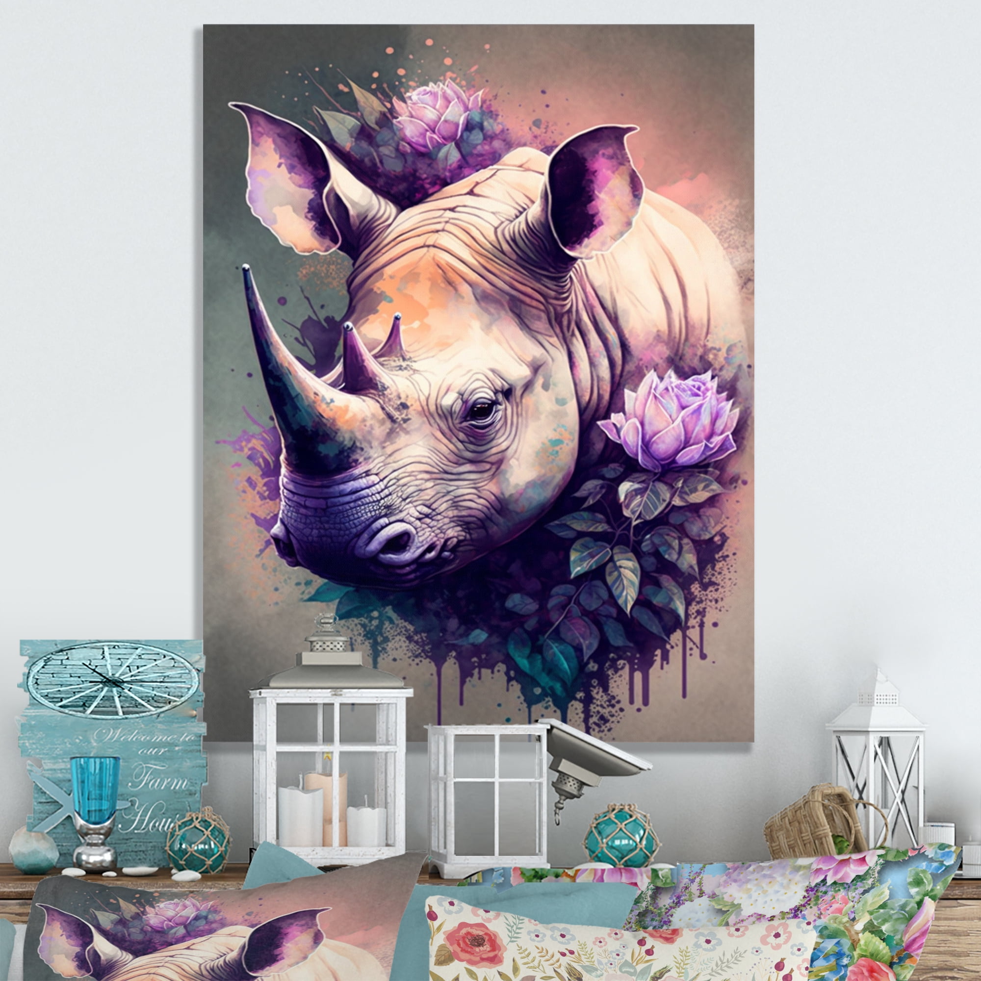 Designart Cute Rhino Floral Art II Canvas Wall Art
