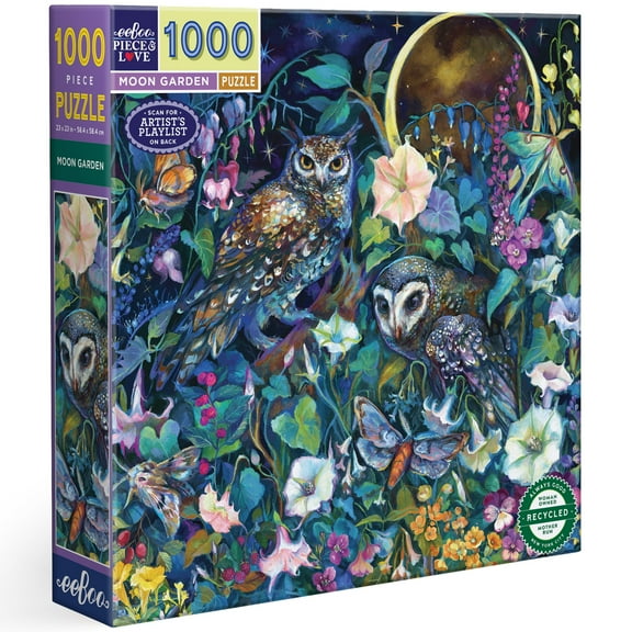 eeBoo Piece & Love: Moon Garden - 1000 Piece Puzzle - 23" Square Adult Jigsaw, Clara McAllister's Nighttime Owls Nature Scene, Eco-Friendly, Playlist