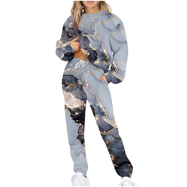 Babysbule Ensembles de Hauts pour Femmes Liquidation Blouse Mode Décontractée Imprimé Manches Longues Col Rond Chandail en Molleton Haut + Pantalon Ensemble Économies d'Automne