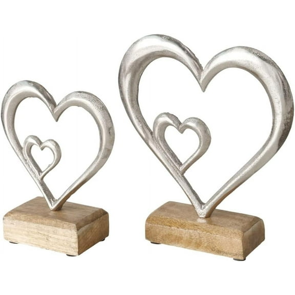 Eternity Double Heart Figurines, Set of 2, Hand Cast Aluminum. Mango Wood Gallery Base, 7.75 and 6 Inches, Padded Base