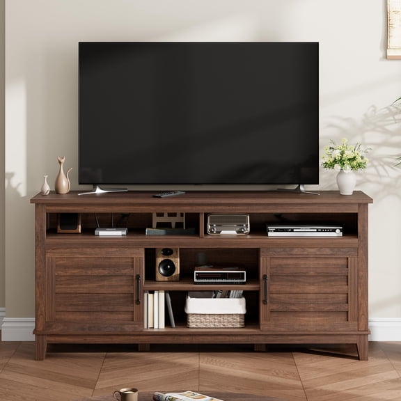 EcoSummer TV Stand for 63 Inch, Entertainment Center with Adjustable Shelves, Farmhouse TV Stand with Cabinet Doors,for Living Room, Bedroom, Brown