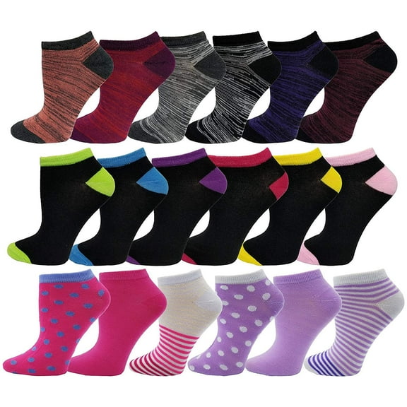18 Pairs of Ankle Socks for Women, No Show Low Cut Funky Colorful Patterned Sock, Bulk Pack (Stripes, Dots, Solids)