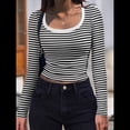 thumbnail image 4 of Camisas de Larga con Cuello Redondo para Mujer, Blusas Informales de Punto Acanalado de Corte Ajustado, Camisetas Básicas de Trabajo para Verano y Otoño. Rayas Blancas M, 4 of 9