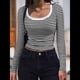thumbnail image 4 of Camisas de Larga con Cuello Redondo para Mujer, Blusas Informales de Punto Acanalado de Corte Ajustado, Camisetas Básicas de Trabajo para Verano y Otoño. Rayas Blancas M, 4 of 9