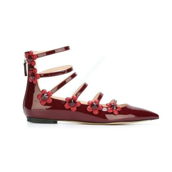 Red Women Patent Leather Flats Ballet Shoes Dance Luxury Lady Floral Elegant Zip Sandals Dress Shoes Design Hollow
