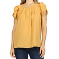 thumbnail image 5 of Women's Casual Solid Pleated Front Petal Cap Sleeve Round Neck Tee Blouse Top, 5 of 6