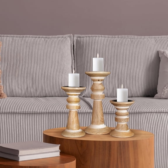 Homebia Designs Wooden Pillar Candle Holders Set of 3 - Decorative Vintage Rustic Farmhouse Style Wooden Candle Stands for Home Décor, Gift, Wedding & Everyday Use - White Wash - 10", 8", 6"