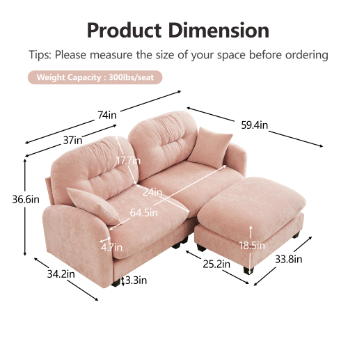 GAKMCIL 74" Loveseat Sofa with 1 Ottoman, 2 Seater with Upholstered Large Size Deep Seat,Cloud Sectional Couches Chenille Fabric for Living Home