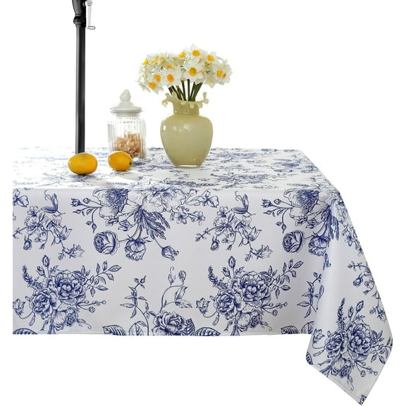 Rectangle Tablecloth with Umbrella Hole and Zipper, Spill Proof Wrinkle Free Table Cloth, Washable Polyester Patio Table Cover for Outdoor Picnic BBQS(Blue and White,52 x 70 Inch)