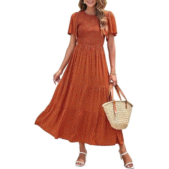 Women's 2026 Summer Casual Boho Floral Print Short Flutter Sleeve Crew Neck Smocked High Waist Smocked Flowy Long Maxi Dress