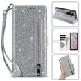 thumbnail image 2 of ELEHOLD Stylish Flip Wallet Case for Samsung Galaxy Z Fold 7,Bling Glitter Leather Zipper Pocket Card Slots Kickstand Function Magnetic Clasp Detachable Lanyard Purse Case,Silver, 2 of 7
