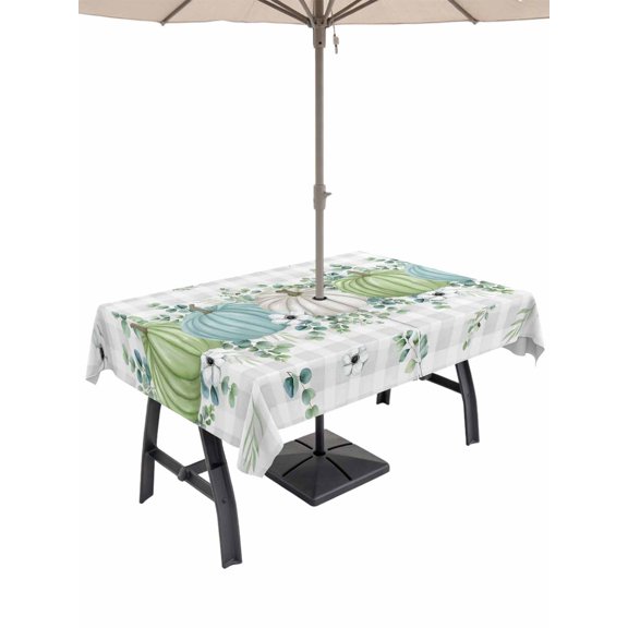 Outdoor Tablecloth with Umbrella Hole and Zipper, Fall Rectangle Table Cloth 60x84 Inch Waterproof Tablecloth, Blue Green Pumpkins Thanksgiving Flower Leaf Plaid Picnic Table Cover for Patio Camping