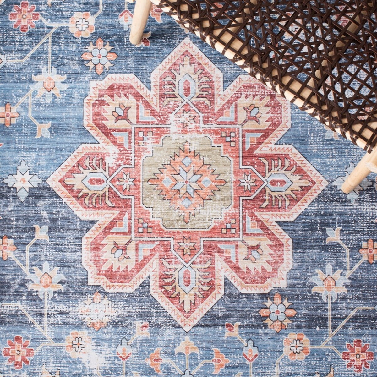 SAFAVIEH Tucson Salem Traditional Machine Washable Runner, 2'6" x 8', Blue/Rust