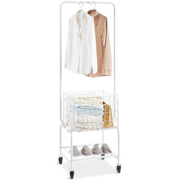 Heavy-Duty Rolling Laundry Basket with Adjustable Garment Rack - 114lb Capacity Hamper Cart w/Lockable Wheels & Storage Shelf for Home, Dorm & Apartments