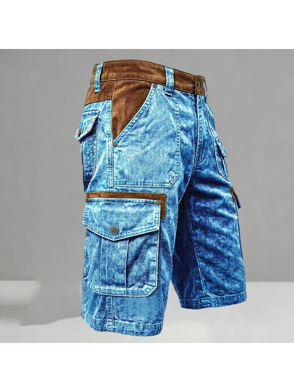 Men's Casual Patchwork Summer Pants Multi-Pocket Zipper Lightweight Work Cargo Pants Breathable Outdoor Pants Blue