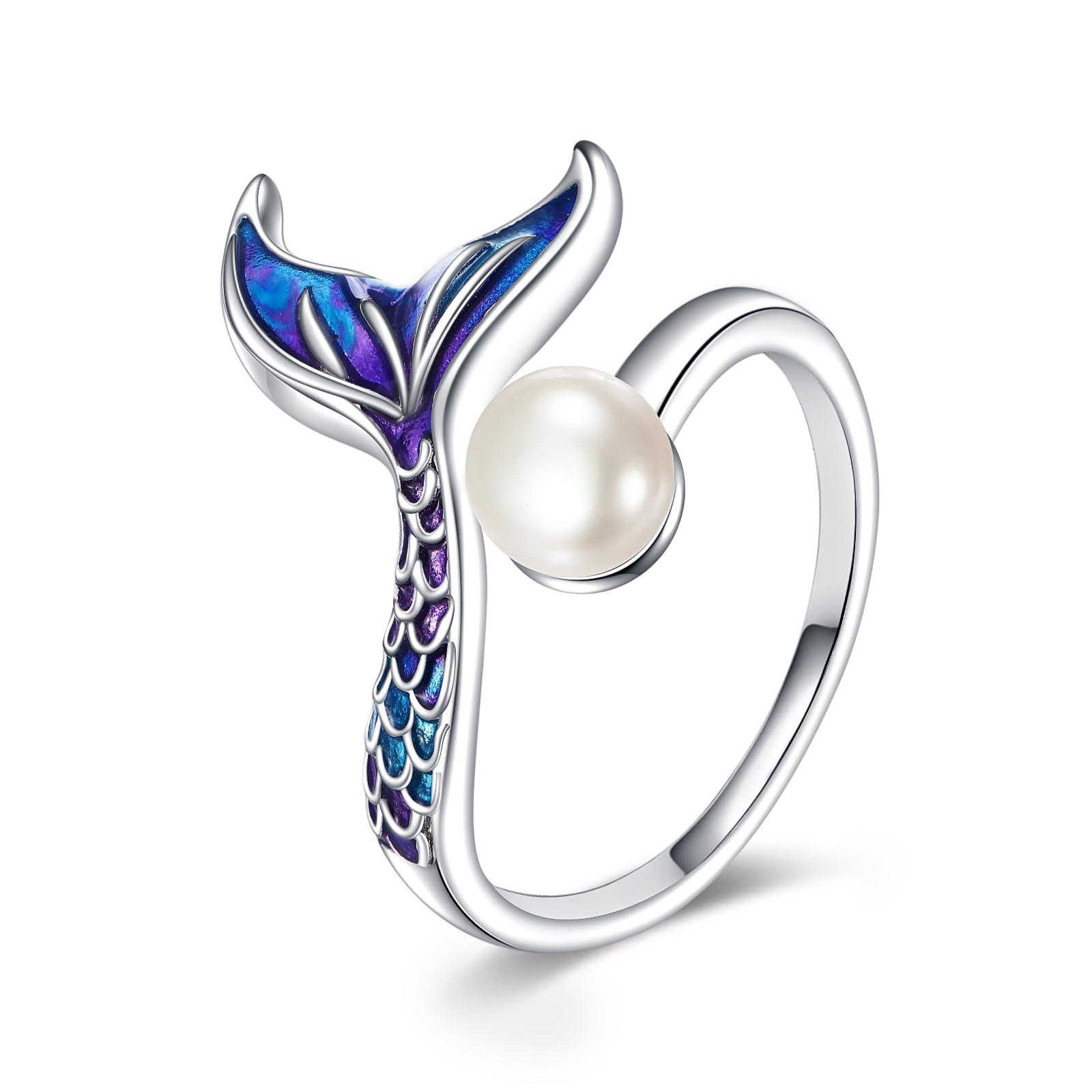 YAFEINI Pearl Mermaid Tail Ring 925 Sterling Silver Mermaid Jewelry Adjuatable Open Ring for Women Ocean Animal Jewelry Birthday Christmas Holiday Gifts