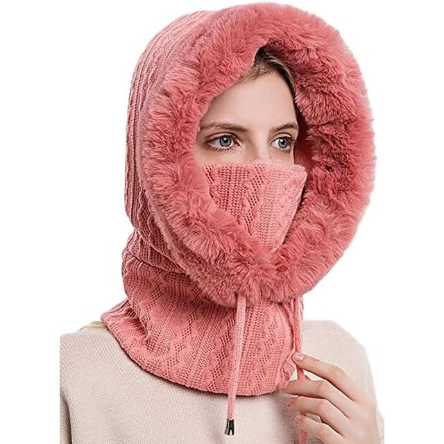 Gorro de lana suelta de una pieza para mujer, bufanda, máscara con cordón para calidez, suéter de invierno con capucha, gorro de punto, rosa