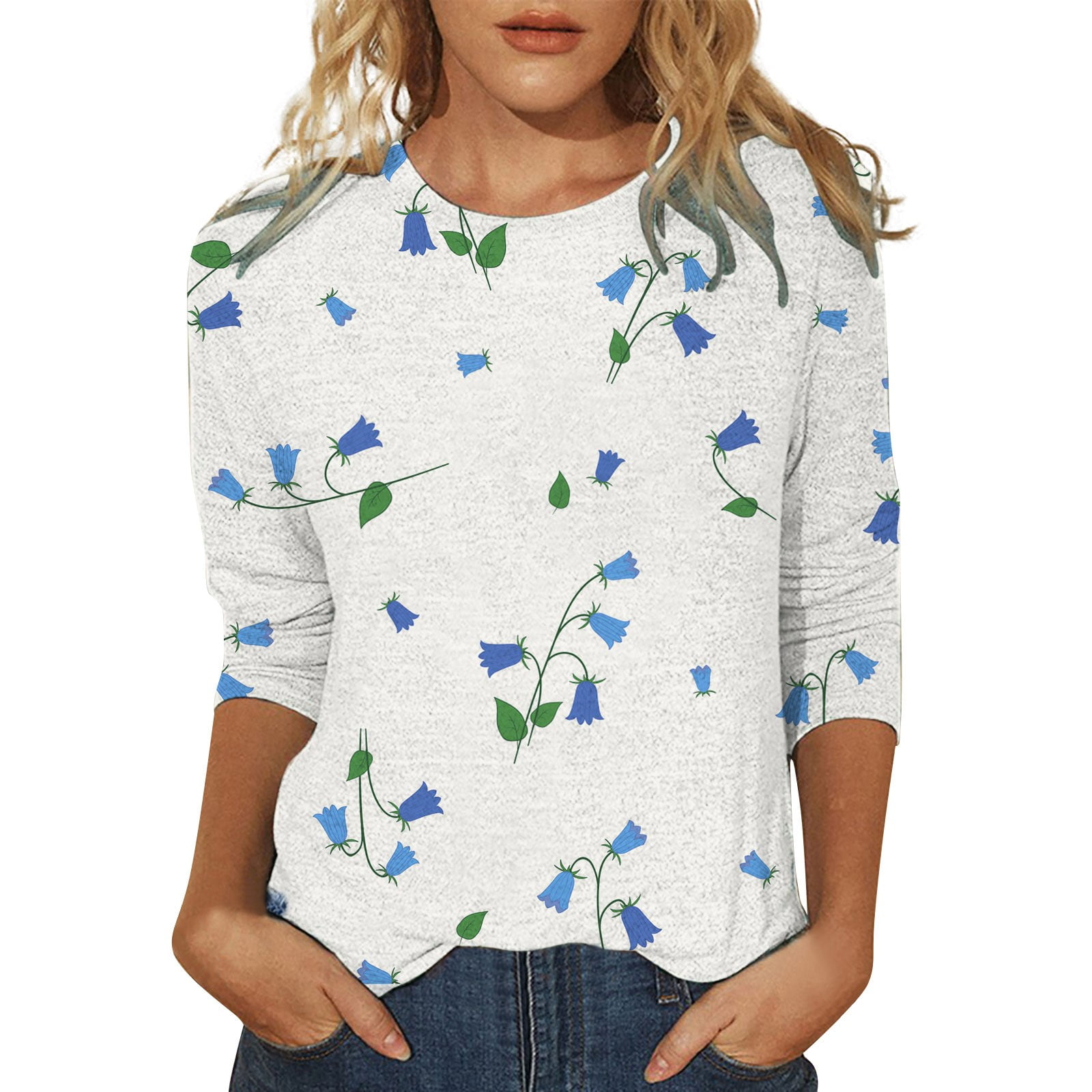 Petite Tunics Womens Long Sleeve Tops And Blouses Printed Shirt For Womens  Casual Summer Tops Floral Three Quarter Sleeve Round Neck Tee Tunic Flower  Loose Side Split Blouse Trendy Blouses Women -