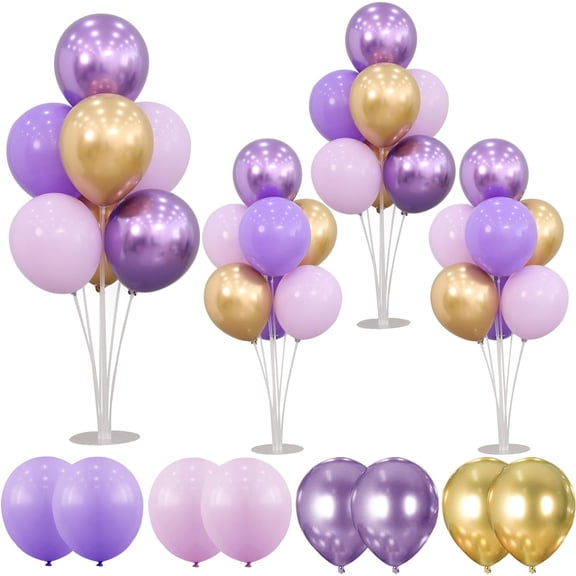 4 Sets Balloon Stands Kit For Table Purple Gold Balloons Holder Sticks With Base Centerpiece Birthday Party Baby Shower Wedding Decoration