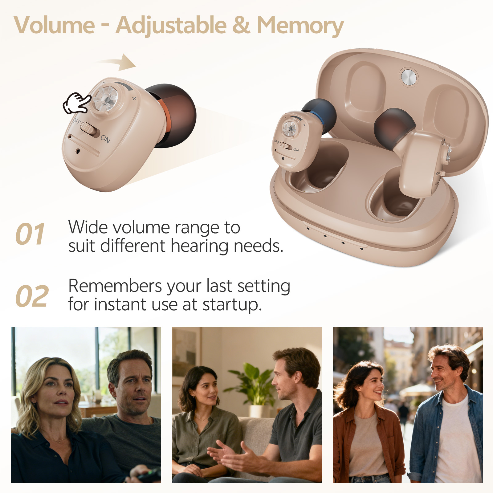 Delmicure Hearing Aids for Seniors Rechargeable with Noise Cancelling, Invisible, VHP-1607, Pair, Beige