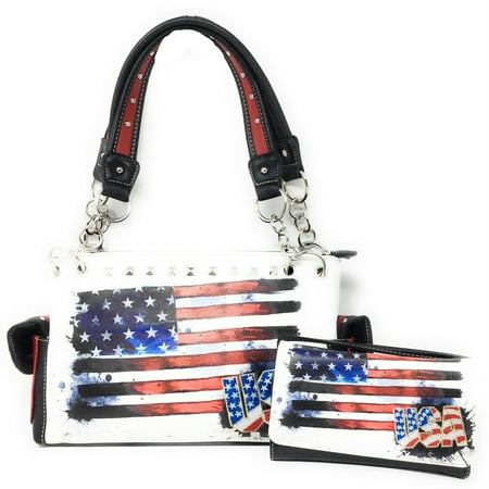 Texas West American Flag Rhinestone Women Leather Concealed Handbags Texas West American Flag Rhinestone Women Leather Concealed Handbags Purse Wallet Set In Multi Colors