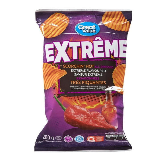 Great Value Scorchin’ Hot All Dressed Extreme Flavoured Rippled Chips, 200 g