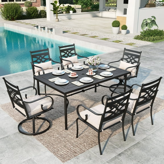 Summit Living 7-Piece Outdoor Patio Dining Set with 6 Swivel Cushioned Chairs & 1 Metal Steel Table, Black & Beige