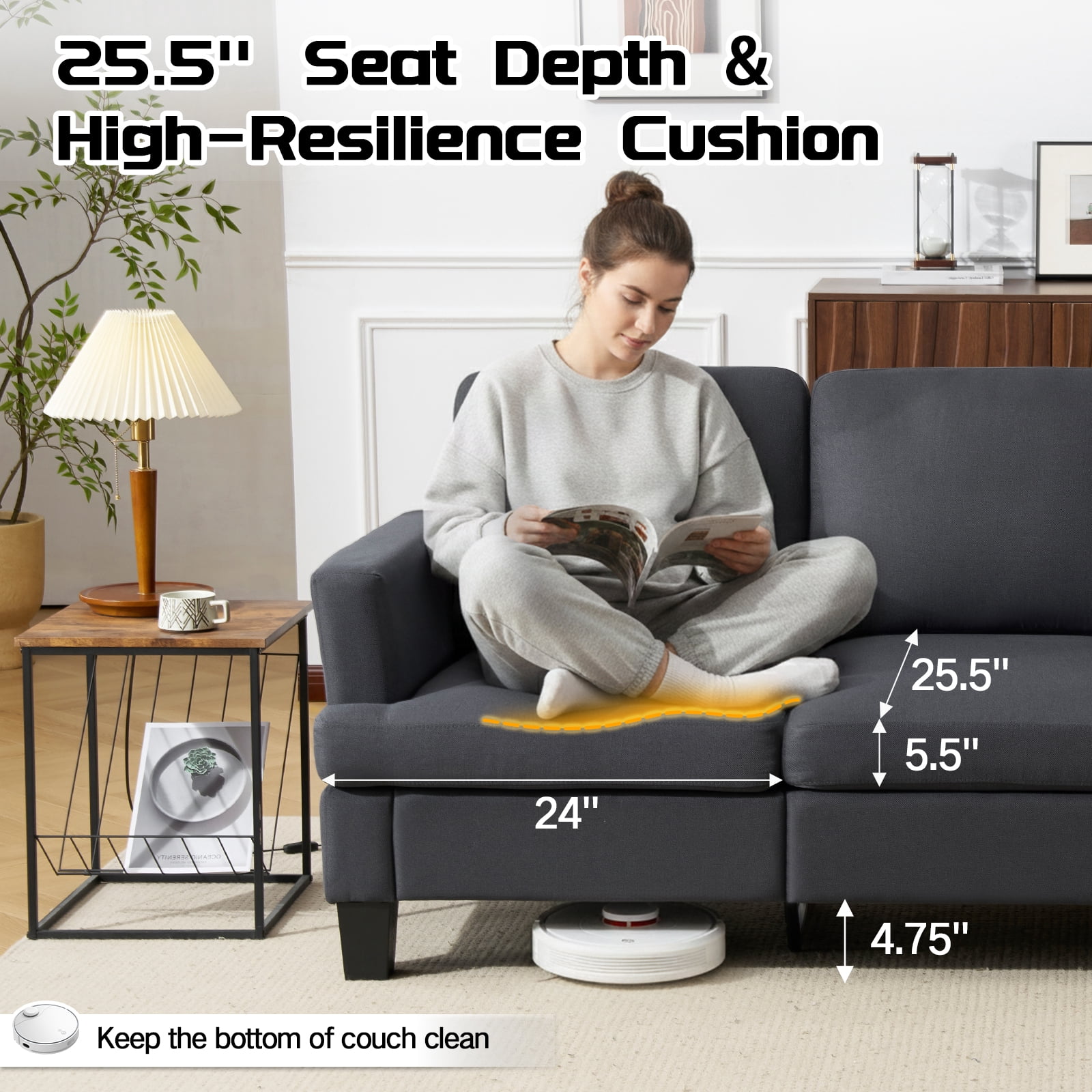 3 Seater Sofa, 84" Linen Upholstered Sofa with Deep Seats, Classic Modern Couch for Living Room, Dark Gray