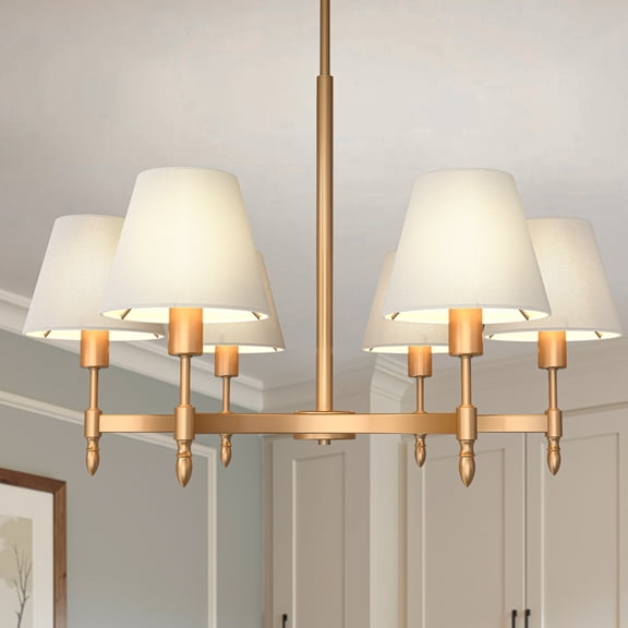 YANSUN 26.8 in 6-Light Gold Adjustable Chandelier with Fabric Drum Shades for Dining Room Living Room, Modern Vintage