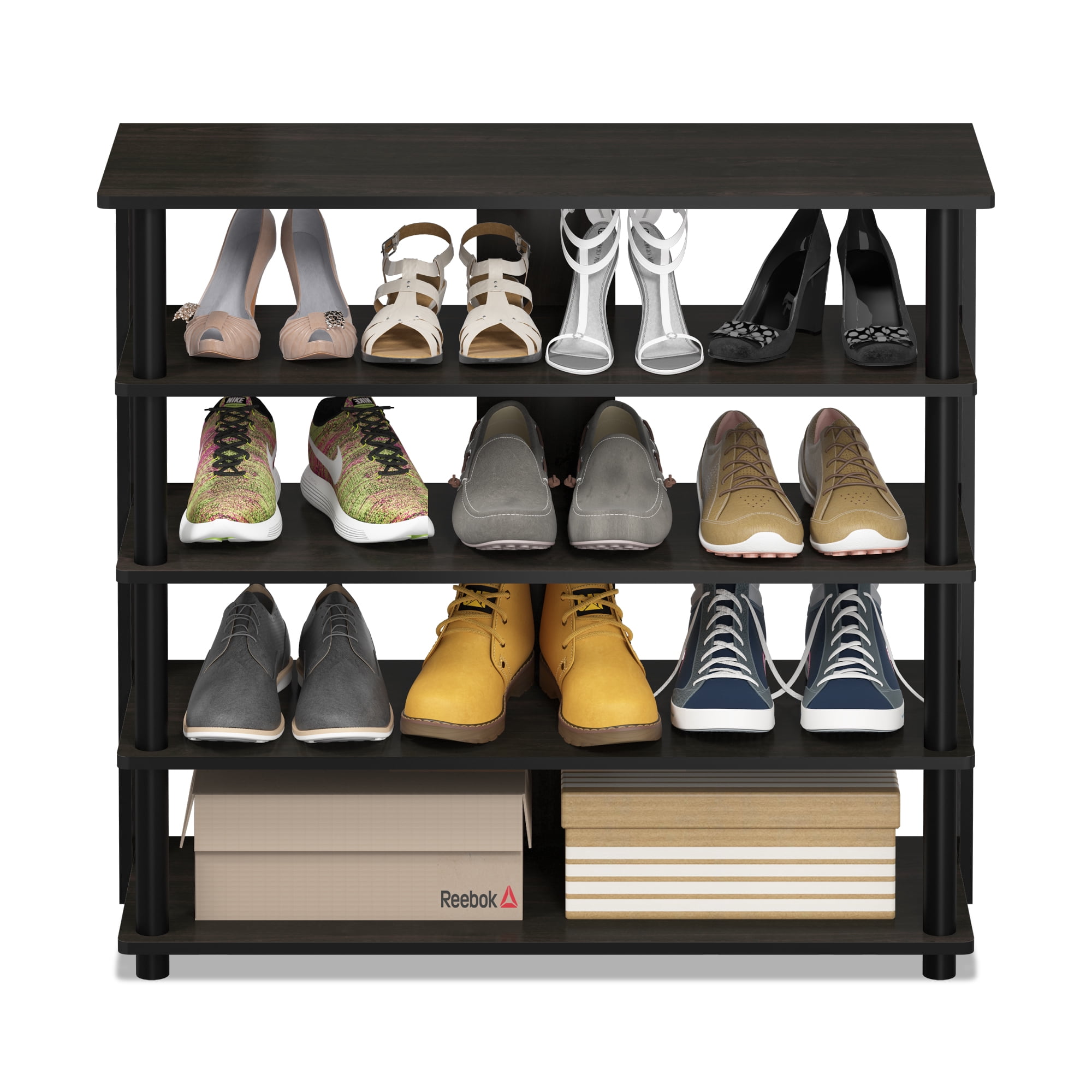 Furinno 5-Tier Turn-N-Tube Wide Shoe Rack, Wood, Brown and Black