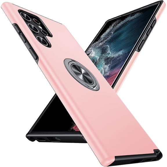 Hidden Series Galaxy S22 Ultra Case 5G,[No Fall-Off Kickstand] 360°Metal Ring, 15Ft Military Grade Shockproof Protective Phone Case Designed for Samsung Galaxy S22 Ultra, Pink