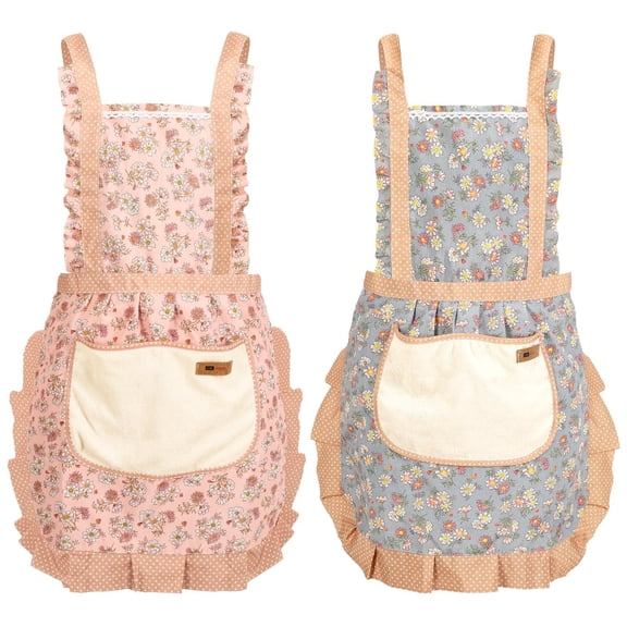 2Pcs Women Aprons with Pockets, Girls Floral Apron with Big Pocket Baking Soft Chef Aprons for Kitchen Cooking Baking