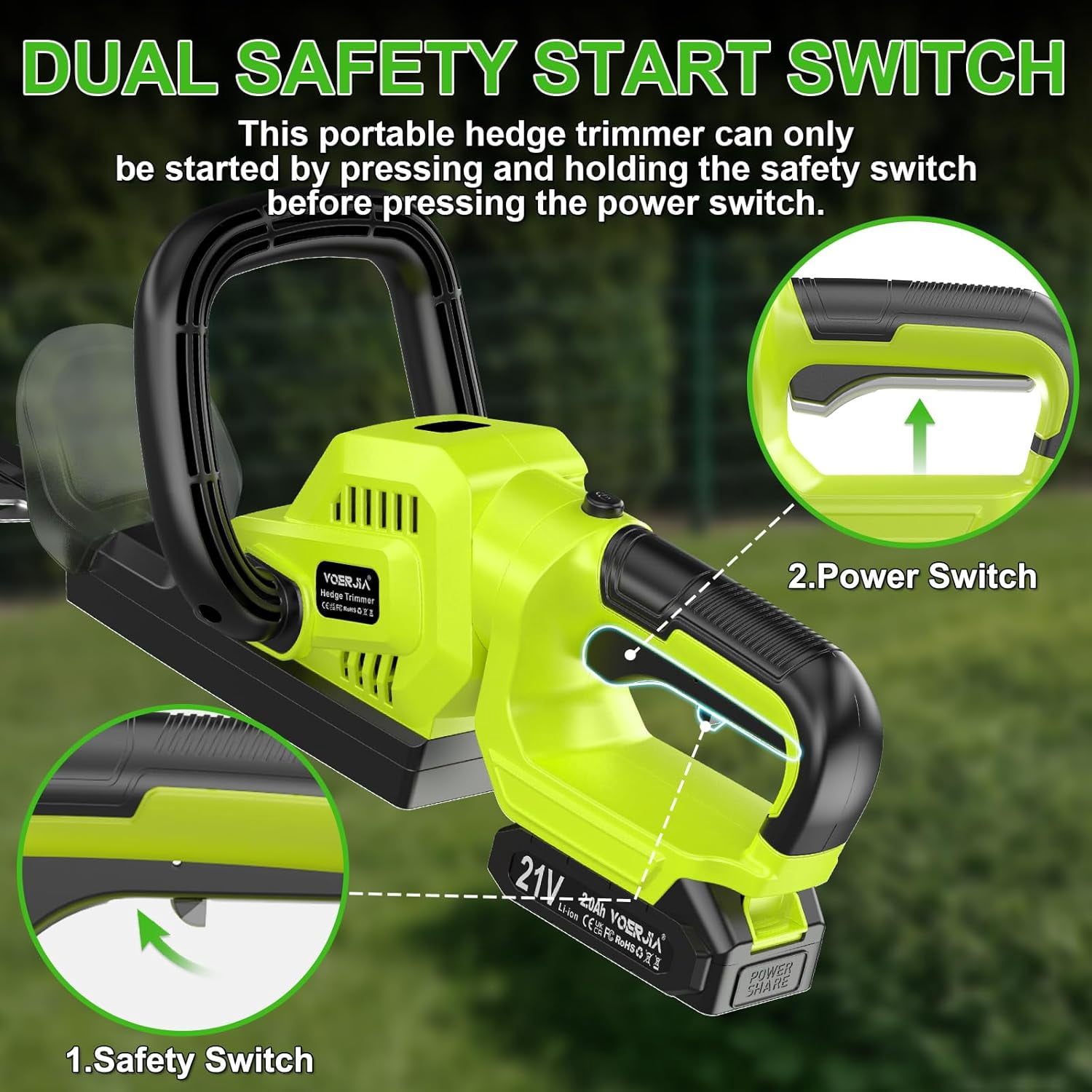 21V Lightweight Cordless Hedge Trimmer with Dual Batteries, 20 Inch Electric Bush Cutter for Shrubs