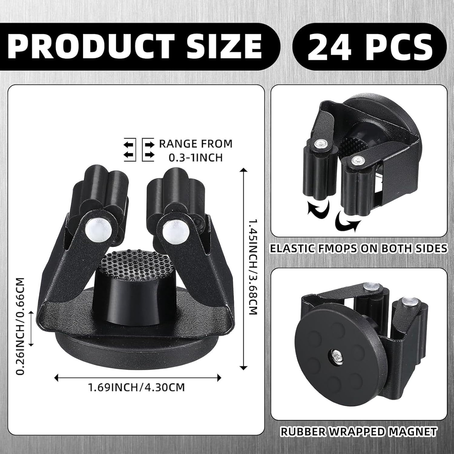 24 Pcs Magnetic Mop Broom Holder Movable Rack, Anti Slip Wall Mounted Utility for Cleaning Tools, Garage, Kitchen, Laundry, Garden (Black)