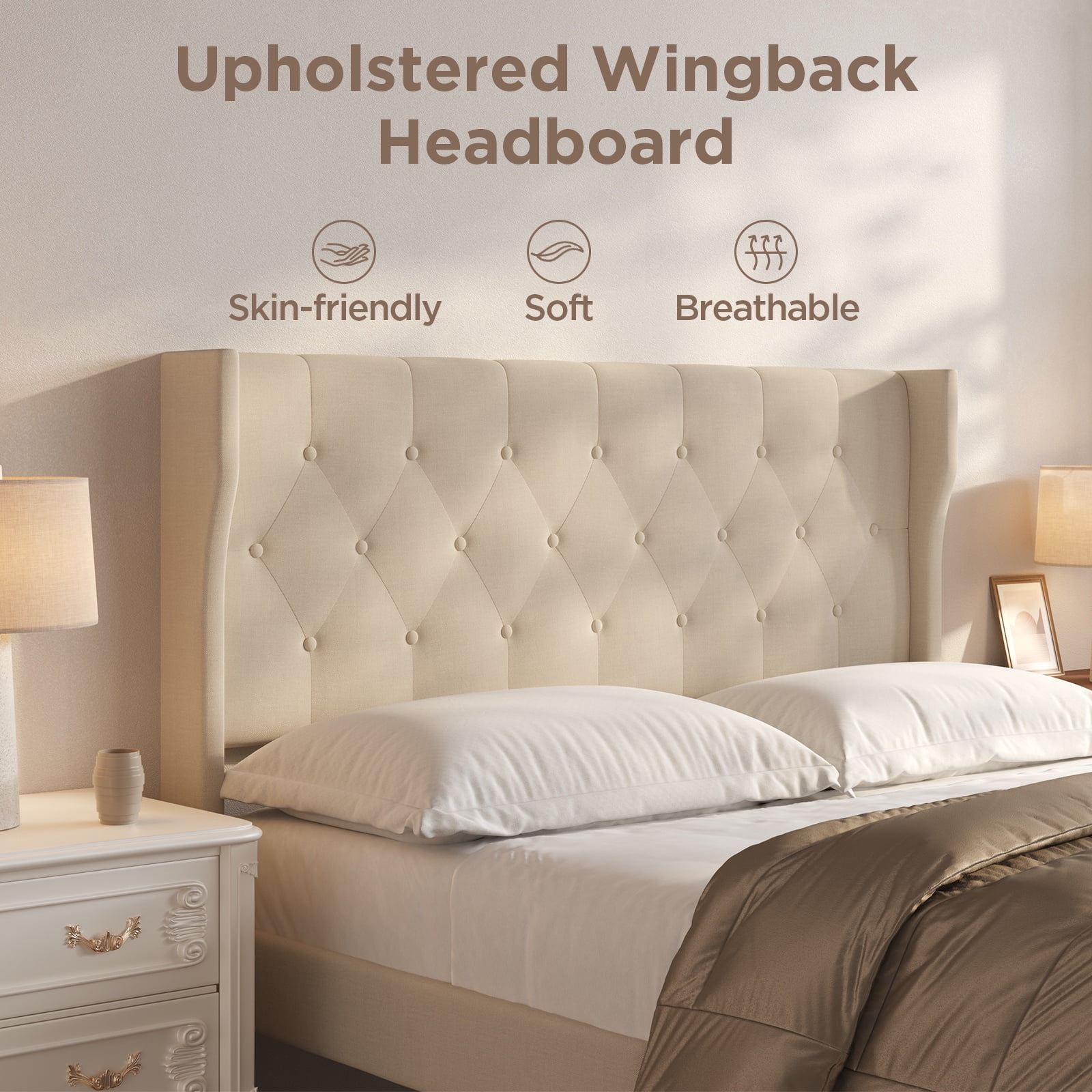 Noelse 3-Piece Bedroom Furniture Set, Full Size Bed Frame with Upholstered Headboard & 2 Nightstands, Under Bed Storage, Noise-Free, Beige and White