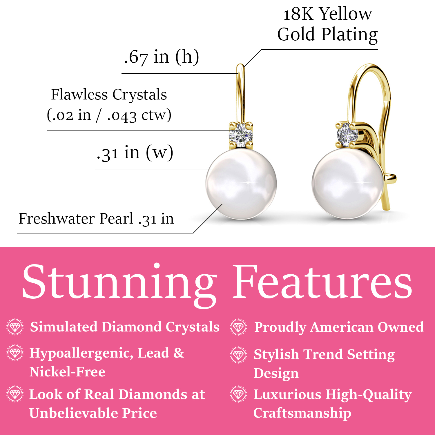 Cate & Chloe Cassie 18k Yellow Gold Plated Pearl Drop Earrings | Women's Crystal Earrings, Gift for Her - image 3 of 10