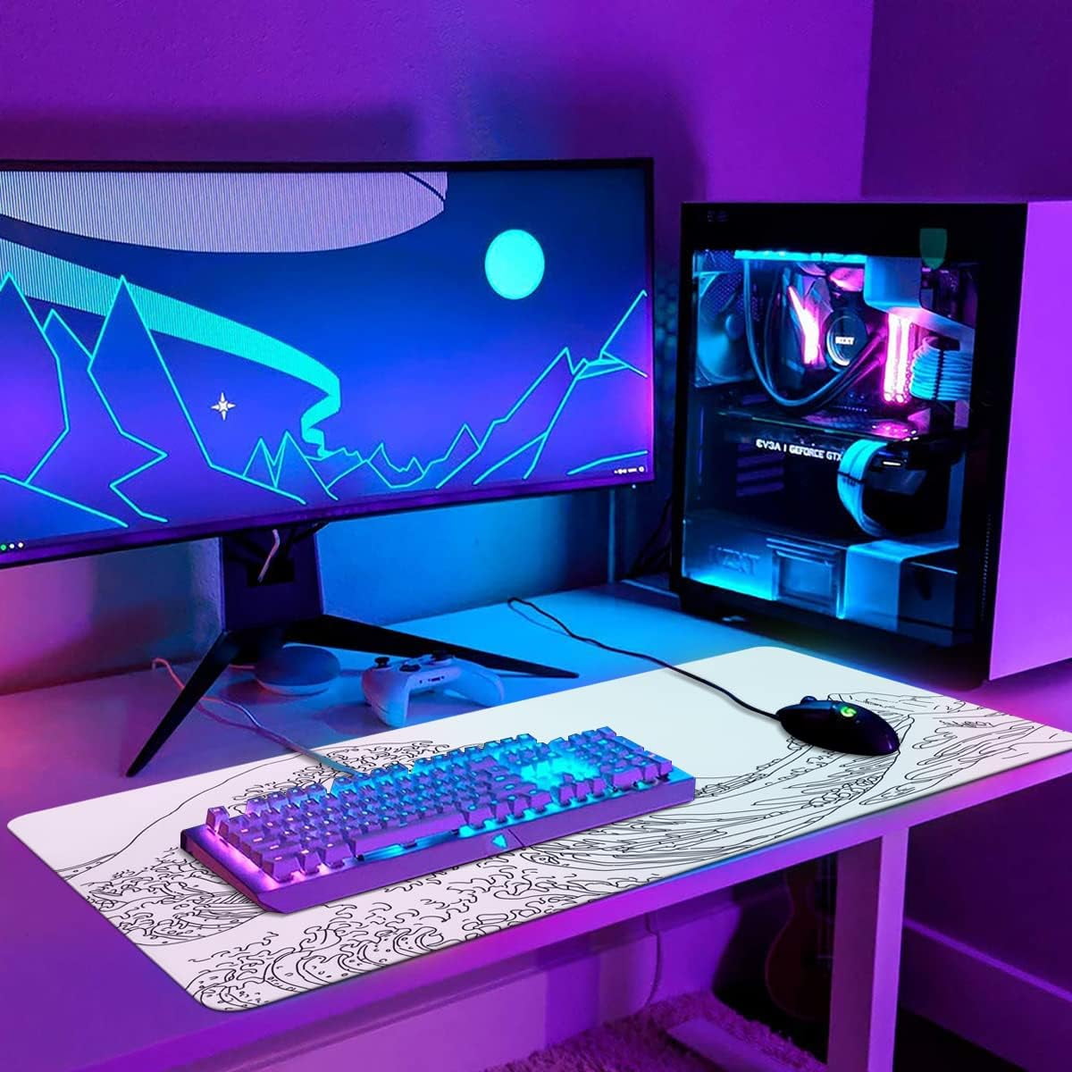 White Extended Gaming Mouse Pad Large Stable Rubber Base Mousepad, Stitched Edges, Keyboard Mouse Mat Desk Pad for Work, Game, Office, Home, 35.4x15.7 in