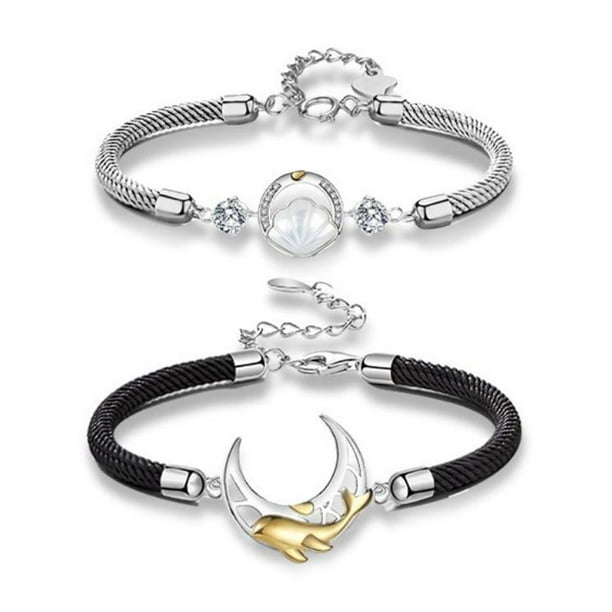 LUVCLS Pulseras de pareja para mujeres y hombres, pulseras a juego para parejas, luna y pulsera, colgante de pareja de cuerda trenzada de ballena