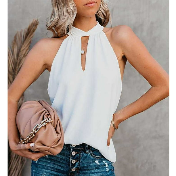 Camiseta sin mangas con cuello halter para mujer sin mangas cuello trasero cierre de correa ajuste holgado camisetas casuales de verano Walmart en linea