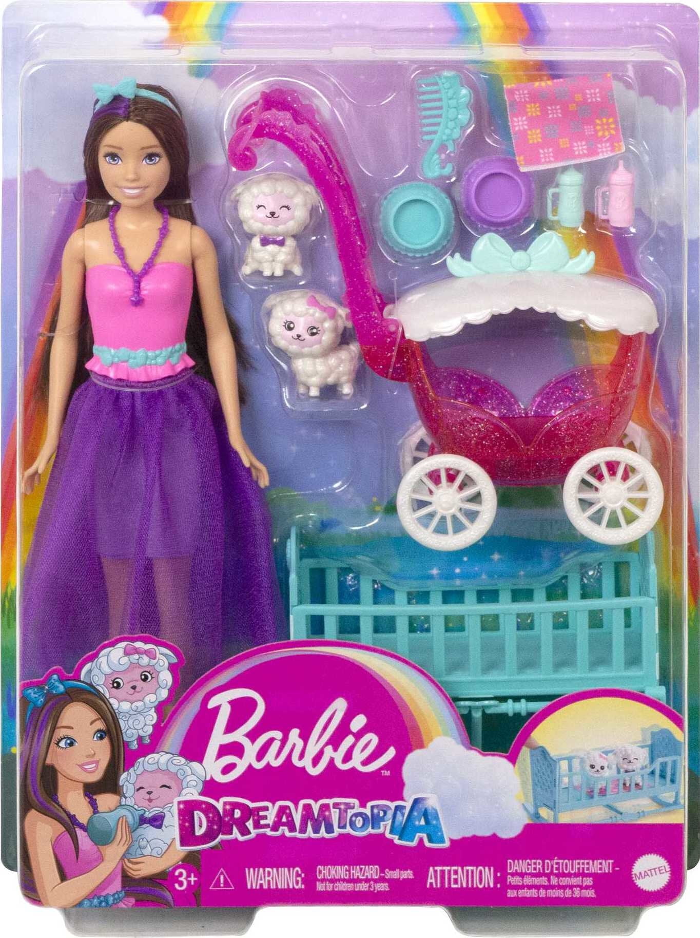 Barbie Skipper Doll with Fantasy Look, 2 Baby Lambs, Nurturing Accessories, Stroller and Crib
