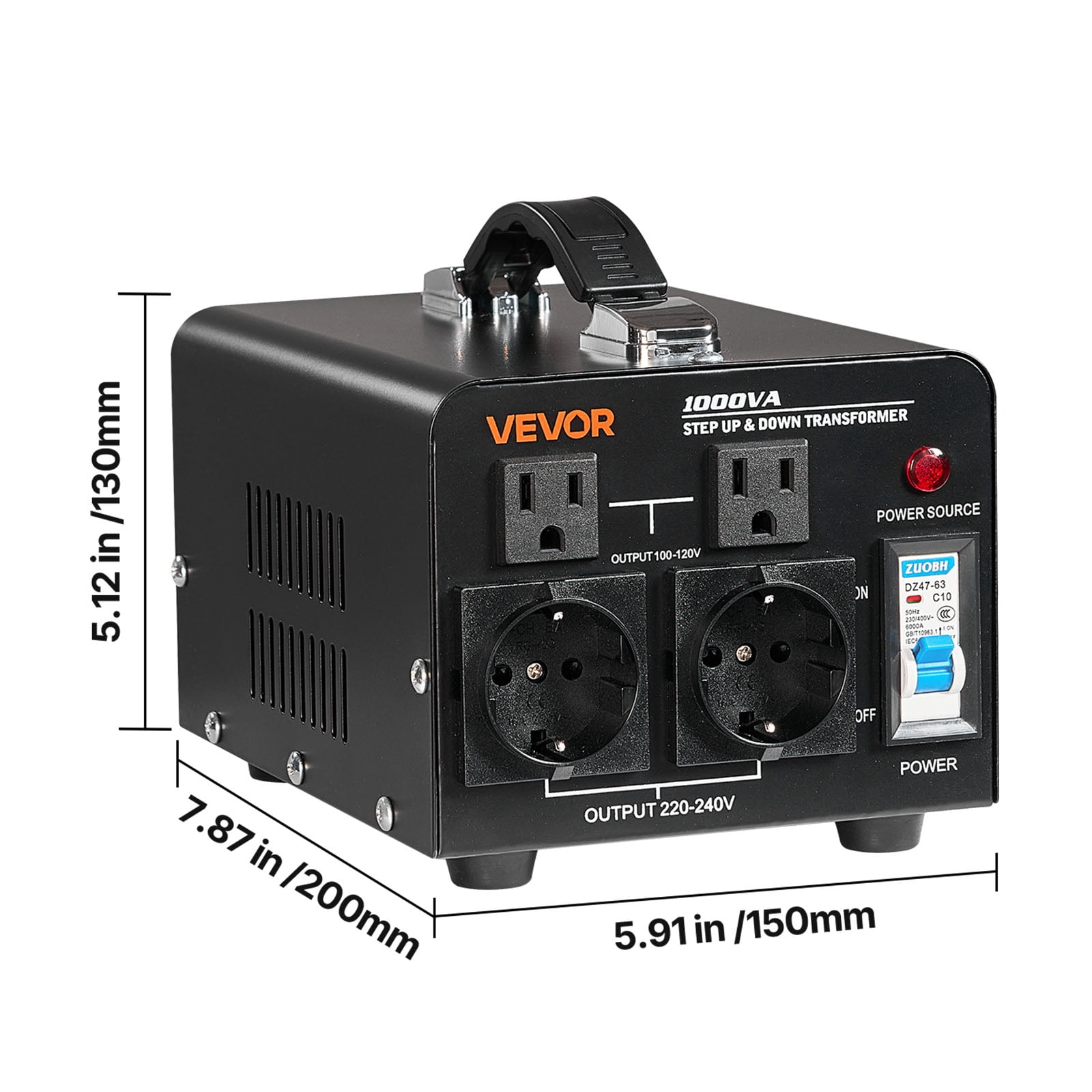 VEVOR Voltage Converter Transformer, 1000W, Heavy Duty Step Up/Down Power Transformer, Convert from 110V to 220V and 220V to 110V, with US Outlets, EU Outlets,Power Cord,Circuit Breaker Protection