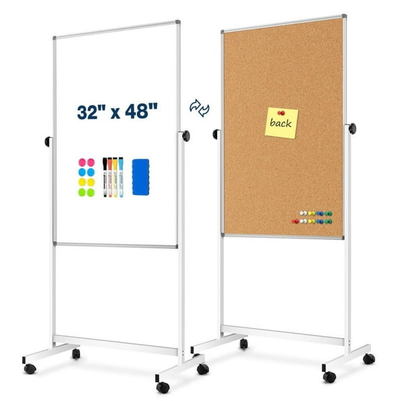Rolling White Board, Mobile Dry Erase Whiteboard & Cork Bulletin Board, 48" x 32" Large Cork Board for Office, Height Adjustable Portable Freestanding Natural Corkboard for Displaying, Planning