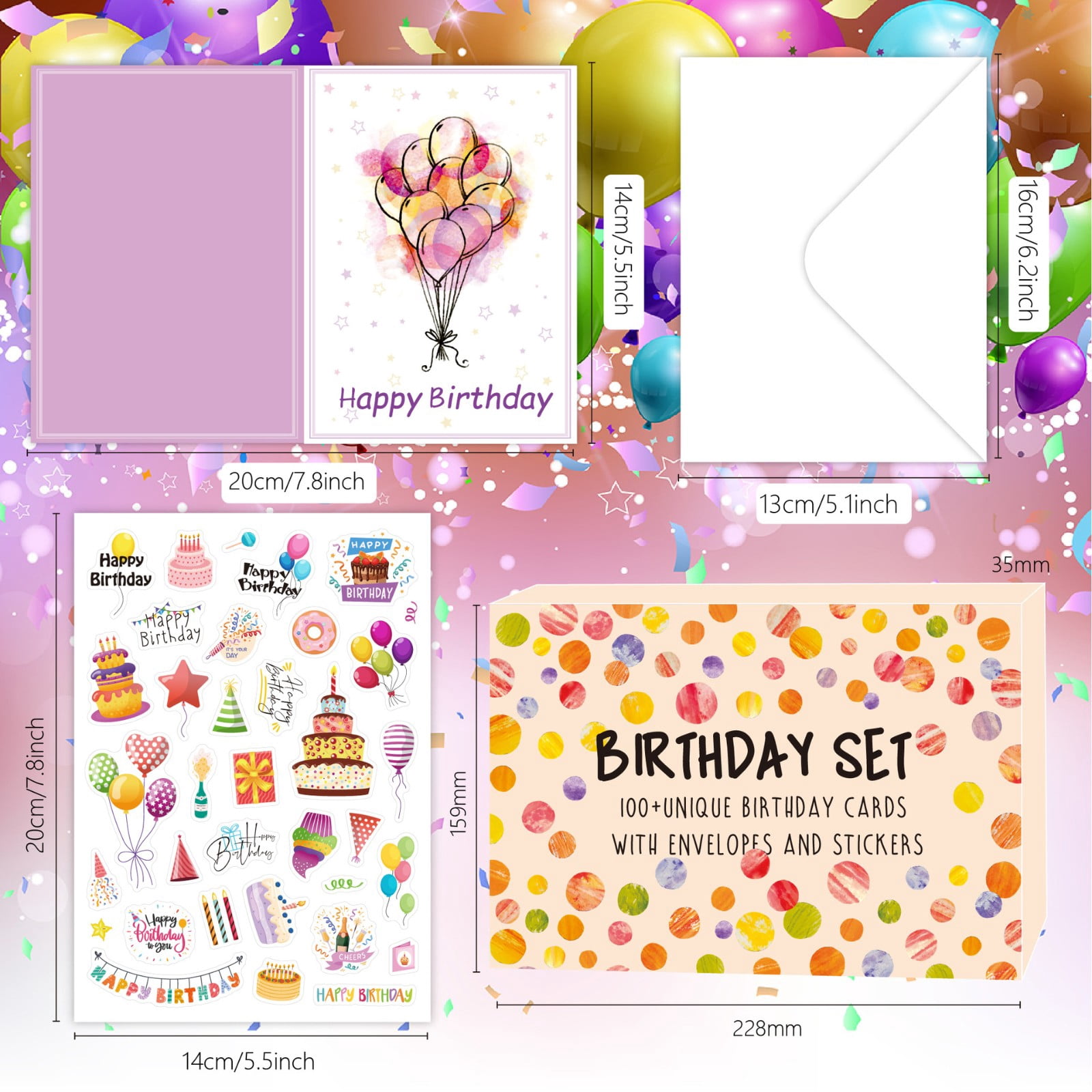 100 Happy Birthday Cards with Envelopes, Birthday Cards Bulk with Short Generic Message Inside and Stickers, Assorted Birthday Cards Assortment for Business, Office and Personal, Set A
