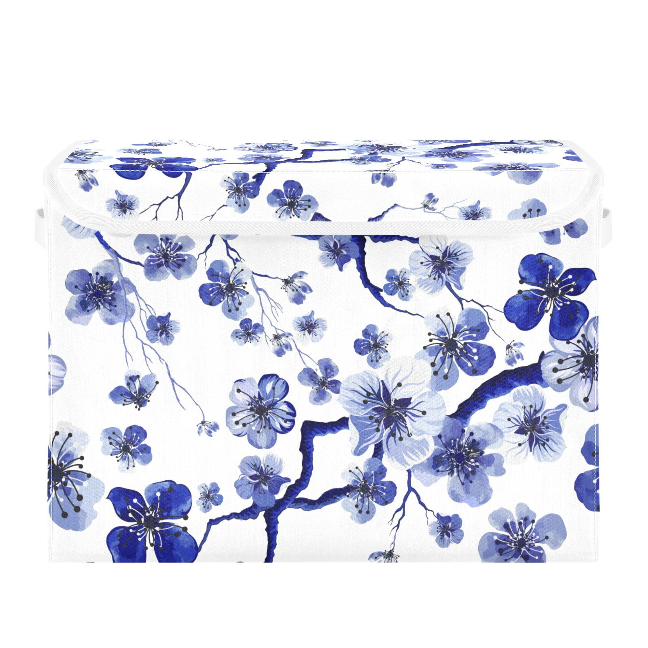 Flowes Floral Blue Large Lidded Storage Bin Foldable Storage Boxes Cubes Baskets Lids with 2 Handles for Home Bedroom Office 16.5x12.6x11.8inch
