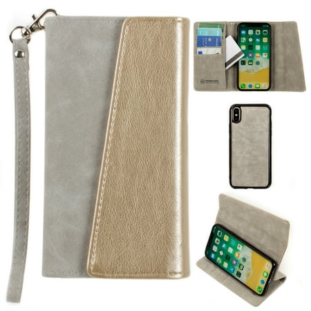 Metallic Leather Flap Clutch - CellularOutfitter Apple iPhone X Ultrasuede Block Flap Wallet Case - Metallic Design w/ Detachable Matching Case and Wristlet - Gray/Gold