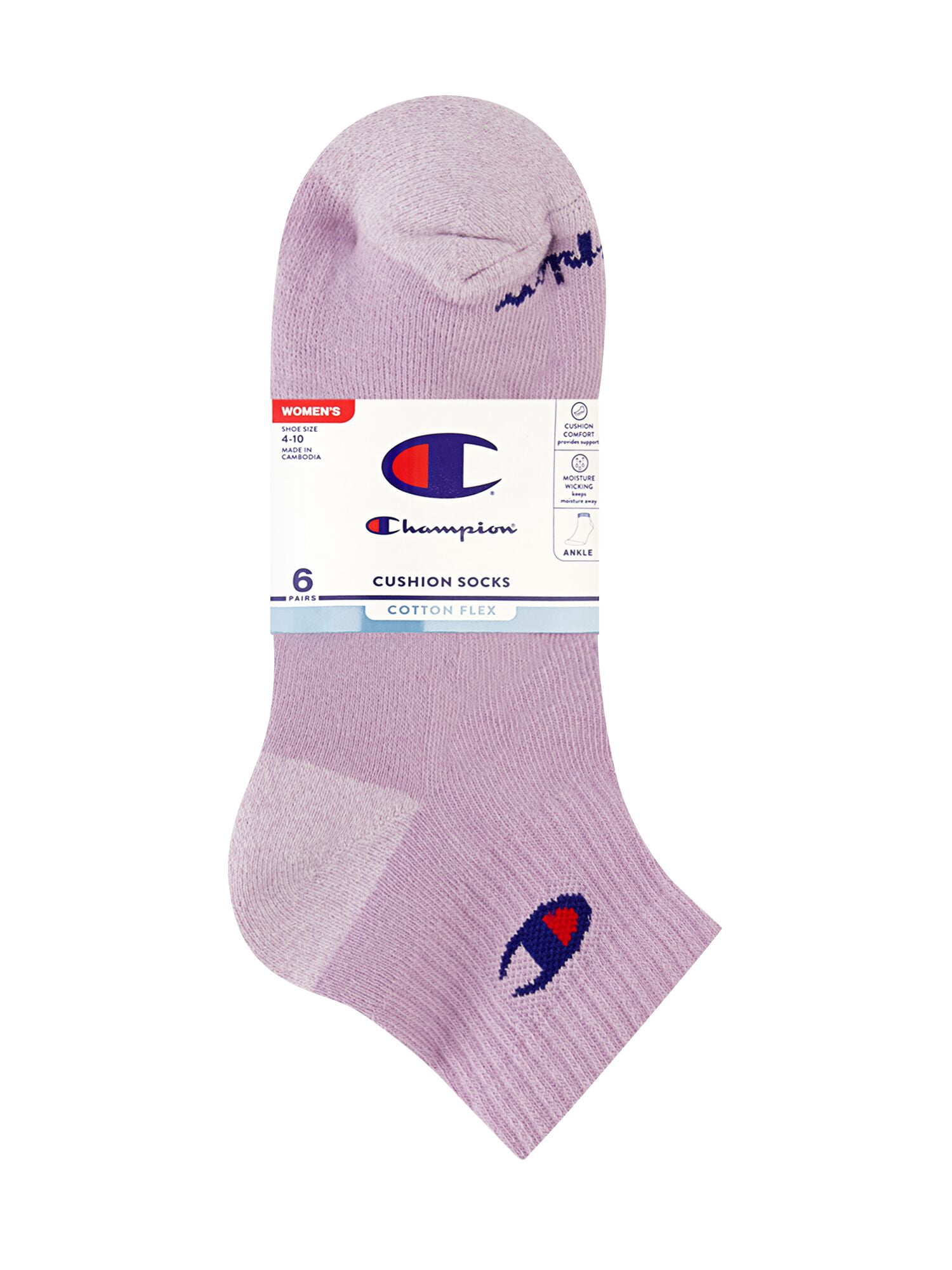Champion Women’s Cotton Flex Half Terry Ankle Lightweight Socks, 6 Pack, Sizes 4-10