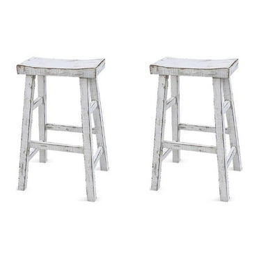 Pemberly Row 30" Mahogany Wood Saddle Seat Stool in White Sand (Set of 2)