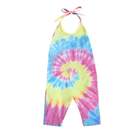 

Toddler Little Girls Fashion Tie Dye Print Halter Neck Jumpsuit Loose Casual Backless Romper for Summer